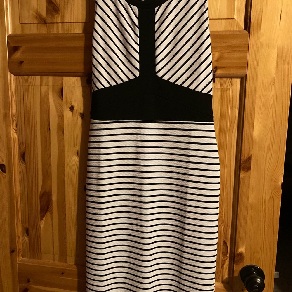 Almost Famous Black and White Halter Sheath Midi Dress